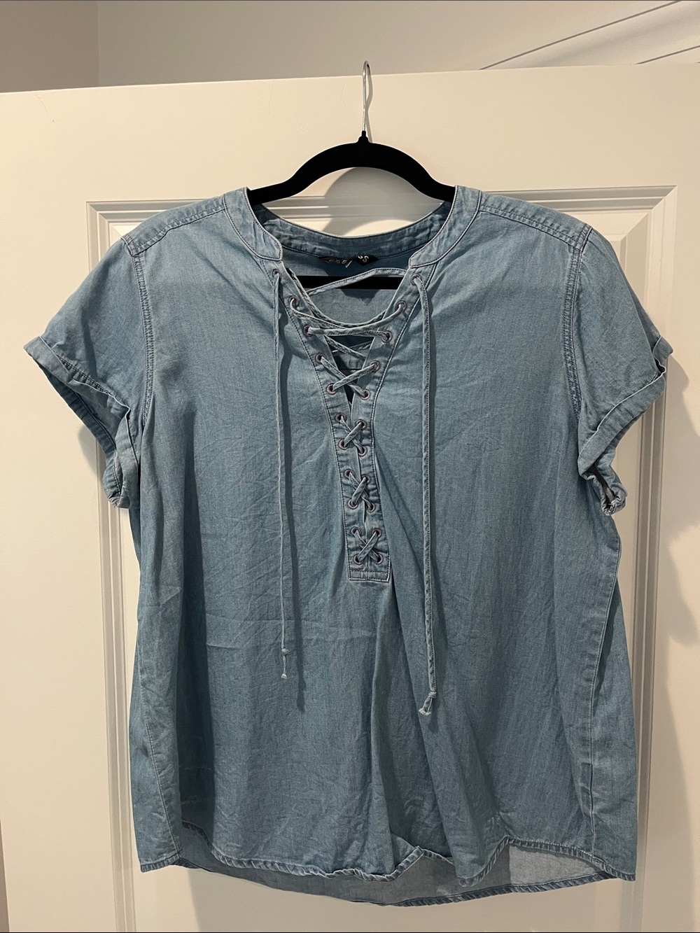 Express Light Blue Lace-Up Denim Blouse